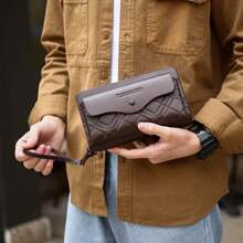 男士长款商务钱包，便携式手拿包，大容量双拉链手提包，多卡槽，手机袋，菱形设计，PU材质 - 棕色 - 查看 4