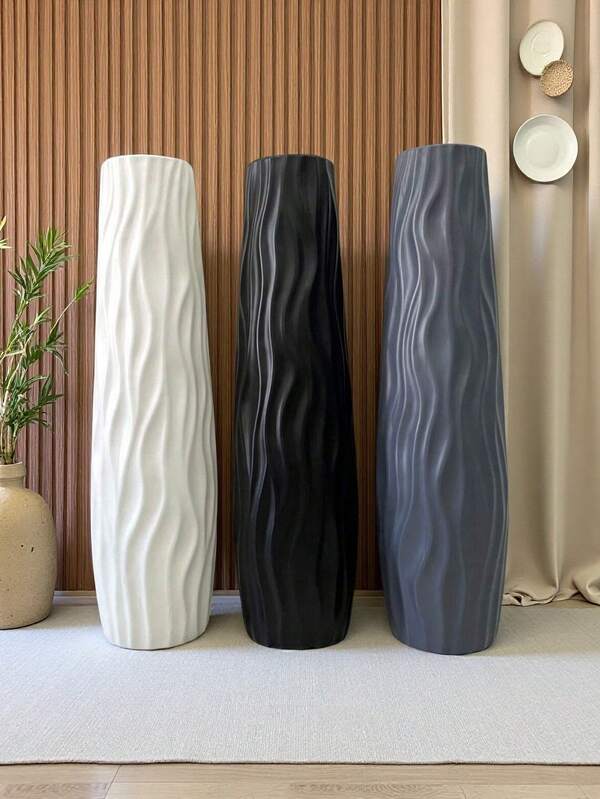 Large Floor-Standing Vase, High Simple Hydroponic Plastic Imitation Ceramic White And Black European Style Home Dried Flower Arrangement Living Room Decoration Modern Geometric Striped Plastic Vase, Tall Cylindrical Decorative Vase, Suitable For Living Room Home Decor Flower Vase Glass Vase