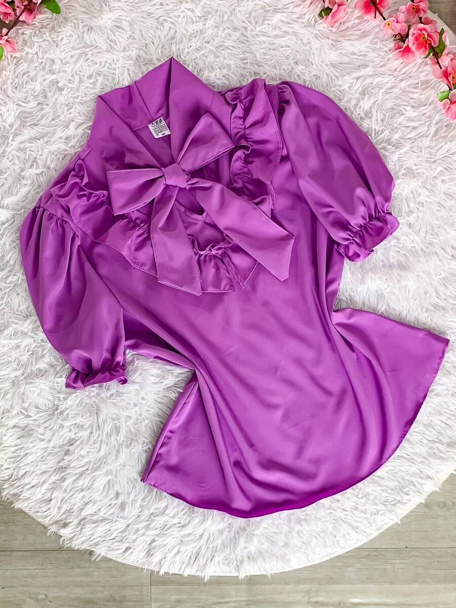 SHORT SLEEVE PUFFED DRESS TOP WITH RUFFLE AND BOW, WOMEN'S FASHION - Mauve Purple - View 1