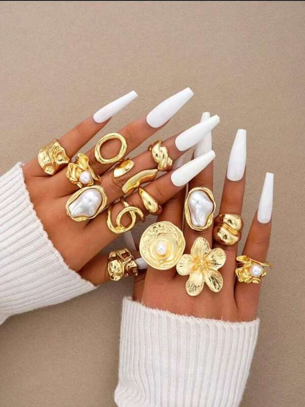 14pcs Exaggerated Vintage Coin & Flower Asymmetrical Ring Set, For Women Party Wear And Holiday Gift