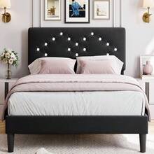 Queen Bed Frame With Crystal Diamond Tufted Upholstered Headboard - Velvet Platform Bed With Sturdy Wood Slats, No Box Spring Needed, Easy Assembly, Noise-Free - Black - View 2