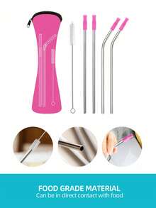 Bộ ống hút bằng thép không gỉ - 2 ống hút thẳng có đầu silicon & 2 ống hút cong có đầu silicon & 1 chổi vệ sinh & 1 túi đựng, Nhà bếp, Quà tặng Giáng sinh, Đồ dùng học tập - Hồng - Xem 3