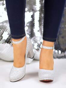 Zapatos tipo Mary Jane para mujer, con brillo, punta redonda, correa ajustable, tacón grueso, estilo retro para fiesta y evento - Plateado - Ver 2