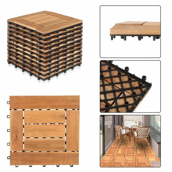 Cecaylie 1-5m² 11-55er Set Holzfliesen mit Stecksystem 30x30 cm FSC-zertifiziert - Akazienholz, Klicksystem, für Garten und Balkon