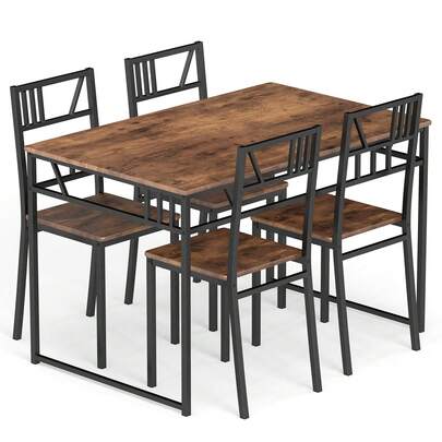  GOFLAME 5 Piece Dining Table Set, Industrial-Style Kitchen Table & 4 Chairs With Wood Like Tabletop & Metal Frame, Rectangular Table & Chair Set For Kitchen, Dining Room & Small Spaces