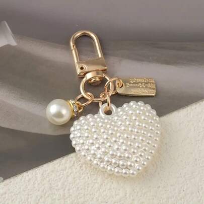 1 Piece Heart-Shaped Imitation Pearl Beaded Keychain, Earphone Case Bag Accessories, Key Ring Pendant