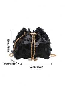 1 szt. Torebka typu wiaderko z PVC z cekinami i zapięciem na łańcuszek, z metalicznym i perłowym zdobieniem, kolorowa, damska, wieczorowa, na ramię, na imprezę, na szminkę, modny prezent, odpowiednia na imprezy i oficjalne okazje (właściwości fizyczne przedmiotu mogą wydawać delikatne dźwięki, prosimy o zakup w razie potrzeby) - Czarne - Zobacz 4