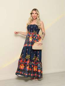 steve store moda feminina  vestido longo  elastex com forrado Estampa total  Floral    Nó  Franzido    Praia  Férias - azul marinho - Visão 1