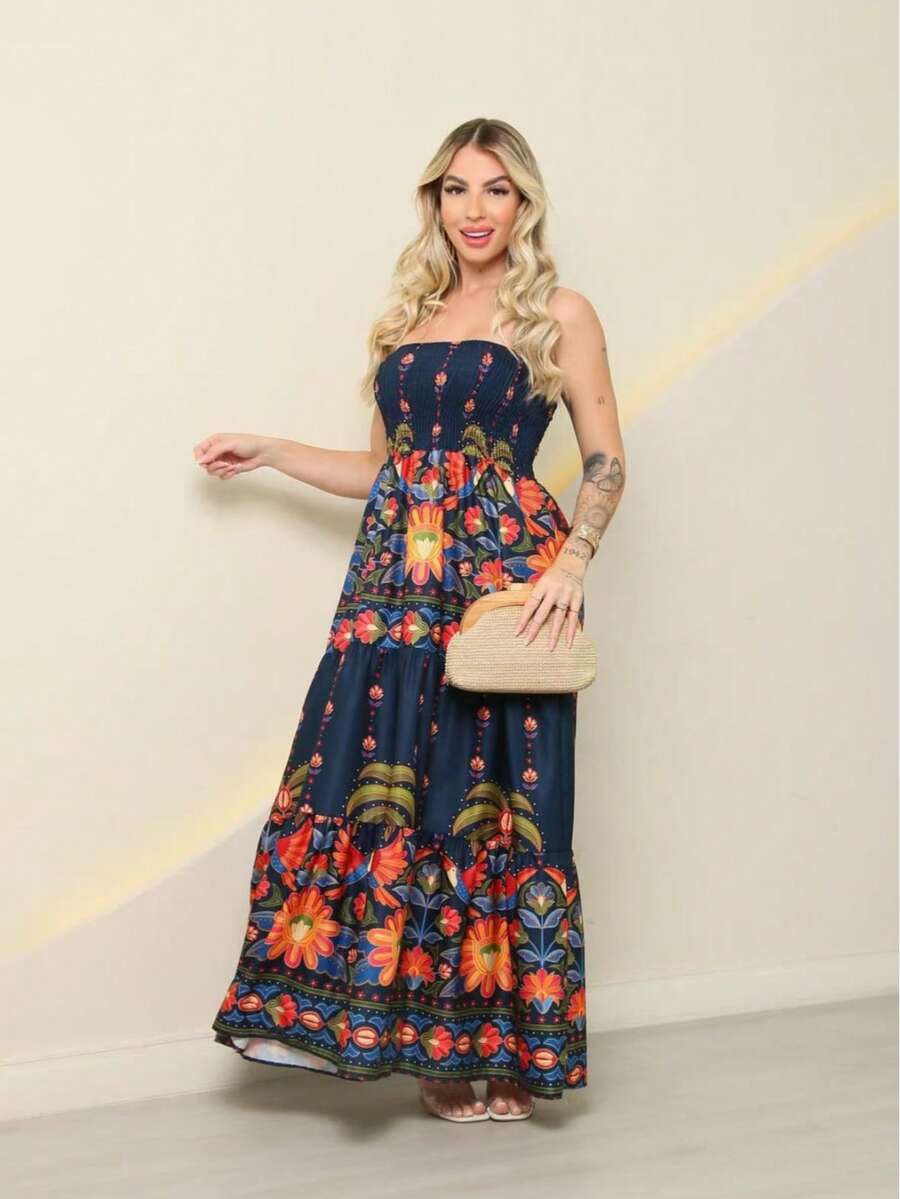 steve store moda feminina  vestido longo  elastex com forrado Estampa total  Floral    Nó  Franzido    Praia  Férias - azul marinho - Visão 1