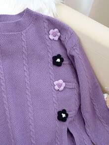 Women's Twisted Cable Knit 3D Flower Decora Going Out Tops, Fashionable Casual, Warm And Cozy, For Daily, Commuting, Home, Autumn Winter, Long Sleeve Tops,Vintage