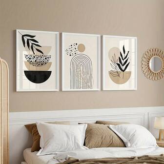 Bohemian Style Abstract Mural Print 3 Canvas Posters Bohemian Style Wall Decoration Home Living Room Decoration Black And Beige Optional Wooden Frame