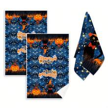 Set de 2 toallas de cocina de Halloween, 40cm*60cm - Toallas de cocina con temática de Halloween con estampados de cielo estrellado azul, gato negro y calabaza, adecuadas para la decoración del hogar en días festivos, toallas de platos de poliéster, excelentes para el hogar, el baño y la decoración de fiestas