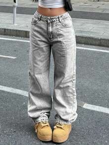 Girl's Casual High Waist Straight Leg Versatile Jeans, Suitable For Outings