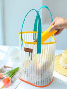 1个大号女士沙滩手提包，防水防沙，带拉链口袋，女士游泳包，彩色条纹装饰，适合存放洗漱用品、化妆品、收纳物品，也适合学校、大学、宿舍、邮轮旅行、沙滩必备品、沙滩巾收纳、沙滩配件、夏季度假必需品。 - 彩色 - 查看 9