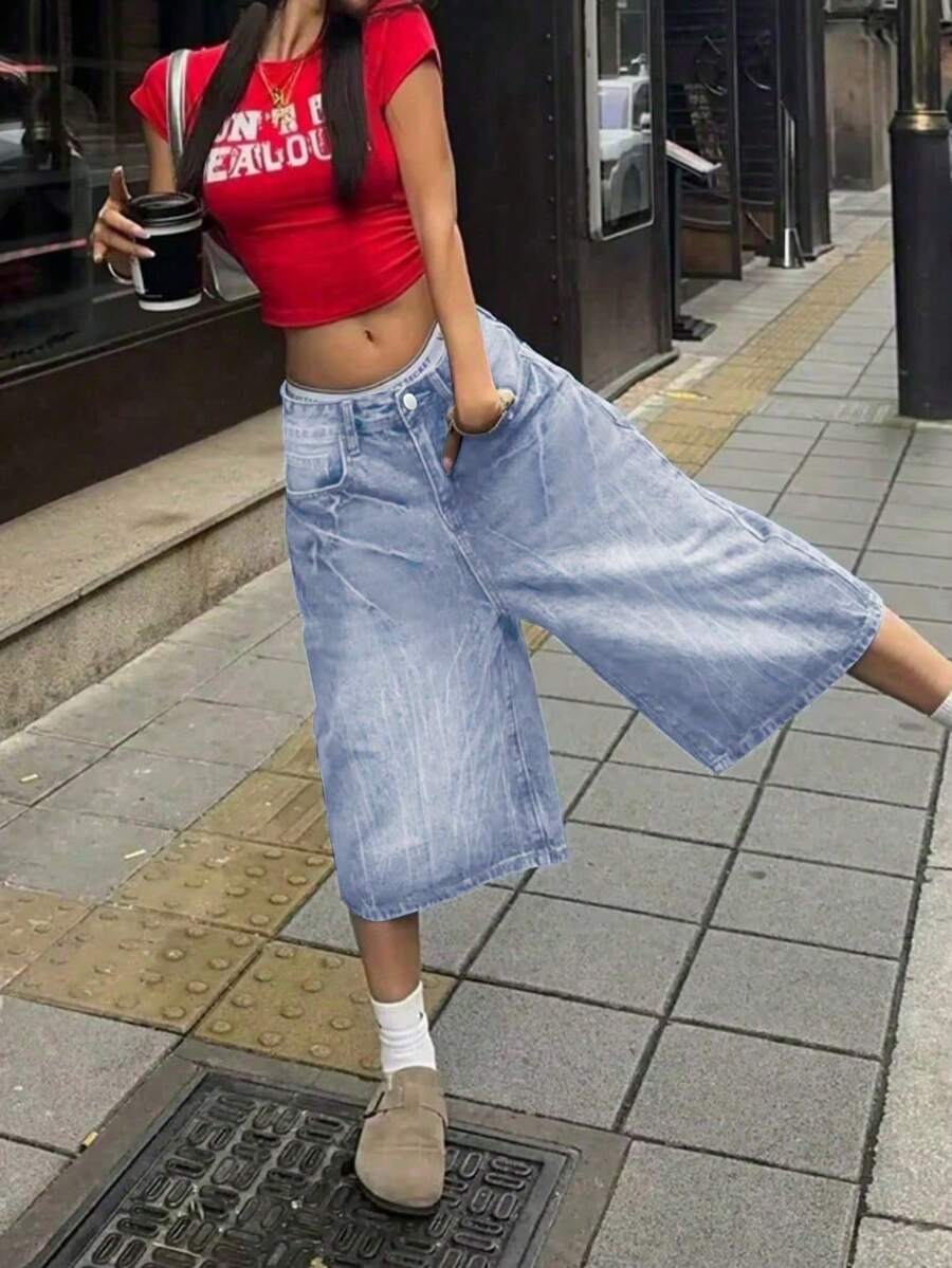 Y2K Street Vintage Jorts Washed Cat Whiskered Slant Pockets Wide Leg Bermuda Jeans Comfy Casual Vacation Denim Shorts Spring/Summer Cropped Trousers For Women - Bông tuyết chiên - Xem 1