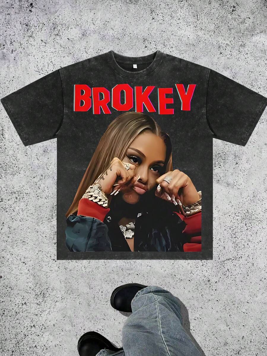 Cartoon  Printed Washed Cotton T-Shirt, Made Of 100% Cotton High-Quality Fabric, Fine Needle Carding, Relaxed And Comfortable, Suitable For Both Men And Women, Suitable For Young Street Hipsters. - màu đen - Xem 1