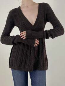 Women's Fall Sweater Long Sleeve V Neck Cable Knit Ruffle Babydoll Sweater Tops - Brown - View 5