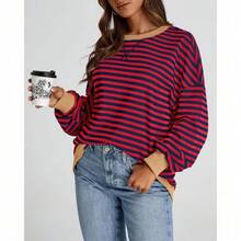 Womens Oversized Striped Sweatshirt Crewneck Long Sleeve Pullover Top Casual Y2K Spring Clothes 2026 Workout Shirt,Vacation Outfits Women,Valentine Outfits For Women,Street Photography - 紅海軍 - 查看 1