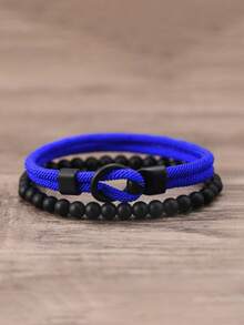 2pcs Men's Bracelet Set, Black Stone Elegant Men's Bracelet, Beaded Bracelet Strap With Powerful And Graceful Vibe, Suitable For Daily Stacking And Gift, Great For Friends - Two-piece Set Of Stones + Custom-made Buckle Bracelet - View 6