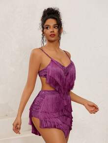 NIKBK Mono de mujer decorado con rhinestones, escote en V profundo, estilo halter, abertura en la cintura, decoración con rhinestones, vestido corto ajustado para fiesta y club - Morado - Ver 4