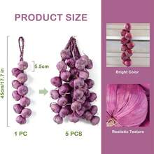 2/1串人造大蒜，人造逼真假蔬菜人造大蒜挂绳，逼真蔬菜洋葱大蒜厨房装饰，农场丰收墙饰 - 查看 2