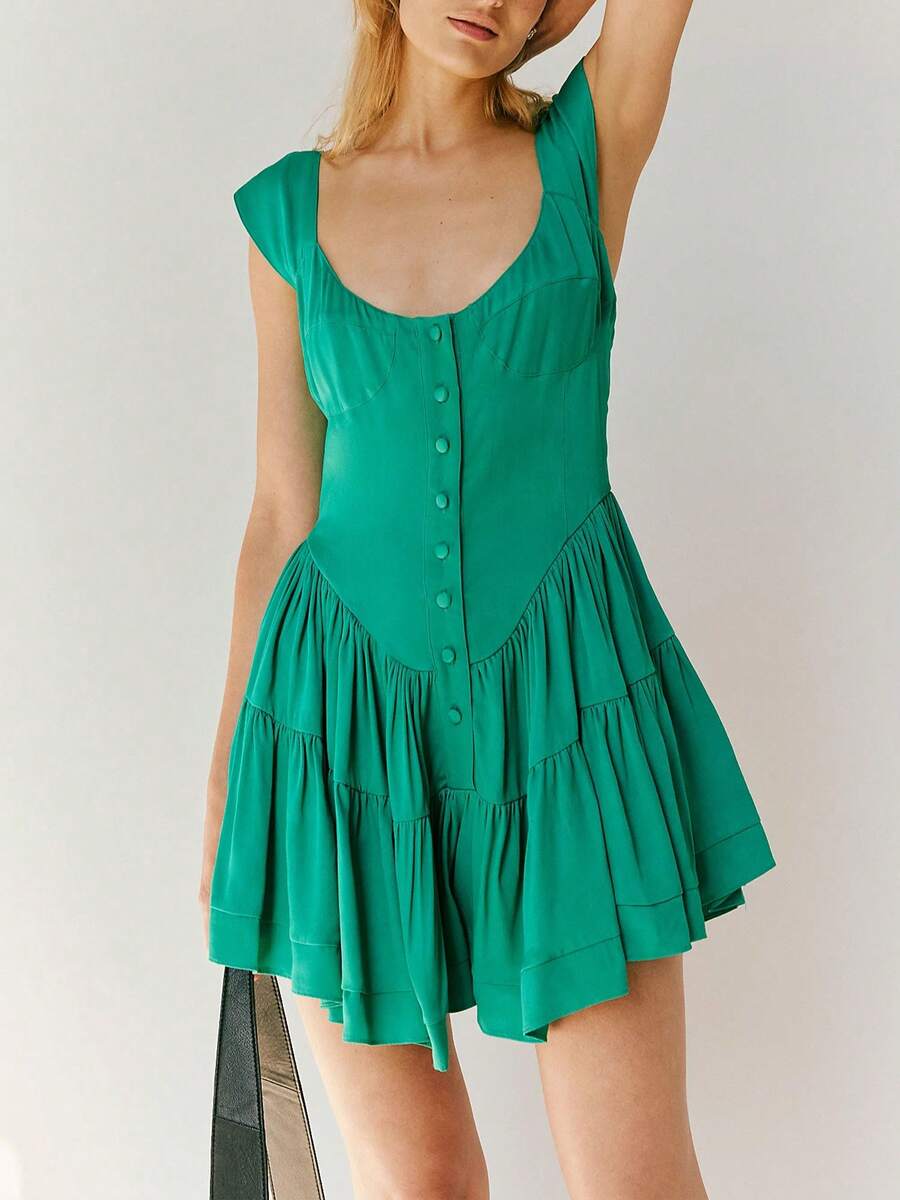 Women Boho Graphic Mini Dress Ruffle Strap A Line Sundress Graffiti Short Babydoll Dress Floral Going Out Dresses - màu xanh lá - Xem 1