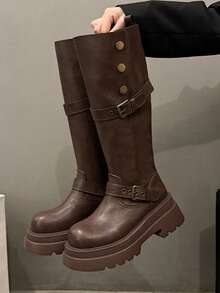Western Style Buckle Holiday Retro British Wind Thick Heel Tall Boots For Women, Autumn/Winter 2025 New Arrival Knee-High Slim Riding Boots