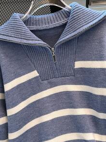 秋冬女士条纹立领套头衫高端简约时尚毛衣、长袖上衣 - 霧霾藍 - 查看 4