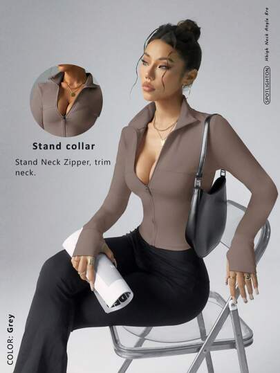 FWH 可变换高领/立领训练夹克，高性能剪裁，全天候灵活，适合多种运动，适合健身房/户外/瑜伽的多功能服装，运动时尚，可变换款式，高性能时尚，拇指孔训练上衣，修身拉链瑜伽外套（带拇指孔），女士可变换高领训练夹克