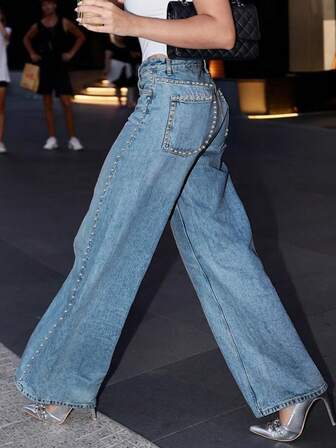 Chicsale ​​Women's Studded Jeans-Straight Leg Boyfriend Denim Baggy Trousers For Street Style