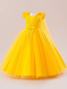 Girls Elegant Lace Princess Dress, Children's Multilayer Tulle Bowknot Party Dress, Girls Birthday Party, Wedding, Piano Recital Formal Gown With Shawl, Long Tie Back Butterfly Dress - Yellow - View 5