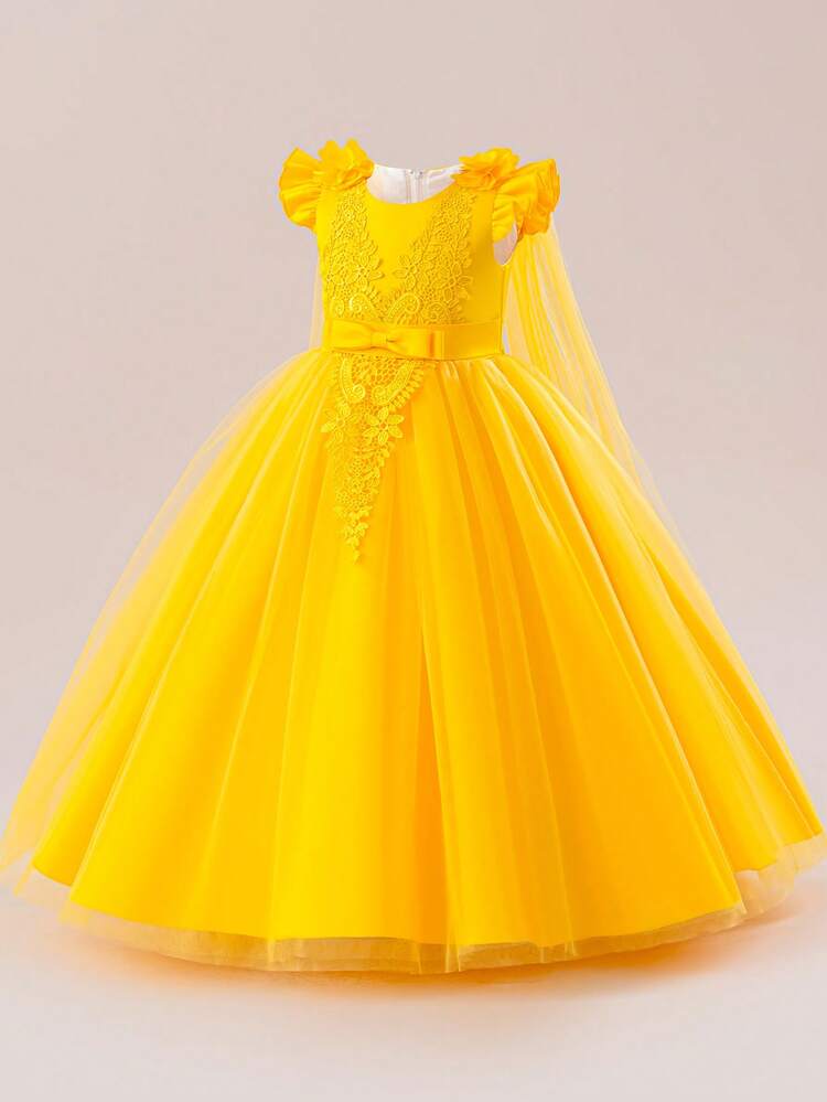 Girls Elegant Lace Princess Dress, Children's Multilayer Tulle Bowknot Party Dress, Girls Birthday Party, Wedding, Piano Recital Formal Gown With Shawl, Long Tie Back Butterfly Dress - Yellow - View 4