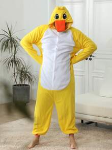 Adult Men's Duck Velvet Cartoon One-Piece Pajamas, Autumn And Winter Thickened Animal One-Piece Pajamas, Hooded Velvet Warm Home Clothes, Halloween Costumes, Christmas Role-Play Party Costumes - Yellow - View 5