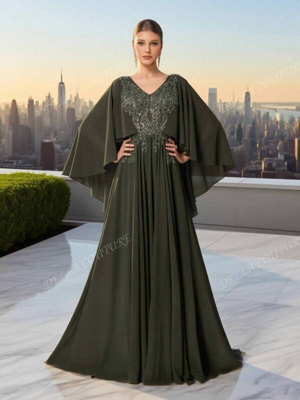DELLA COUTURE Women's V-Neck Army Green Evening Gowns Exquisite Floating Fashion Ladies Elegant And Noble Slim Gorgeous Floor-Length Gowns Style Dress Suitable For Parties,Prom, Weddings And Other Formal Occasions Prom Guest Dress , Long Cocktail Dresses