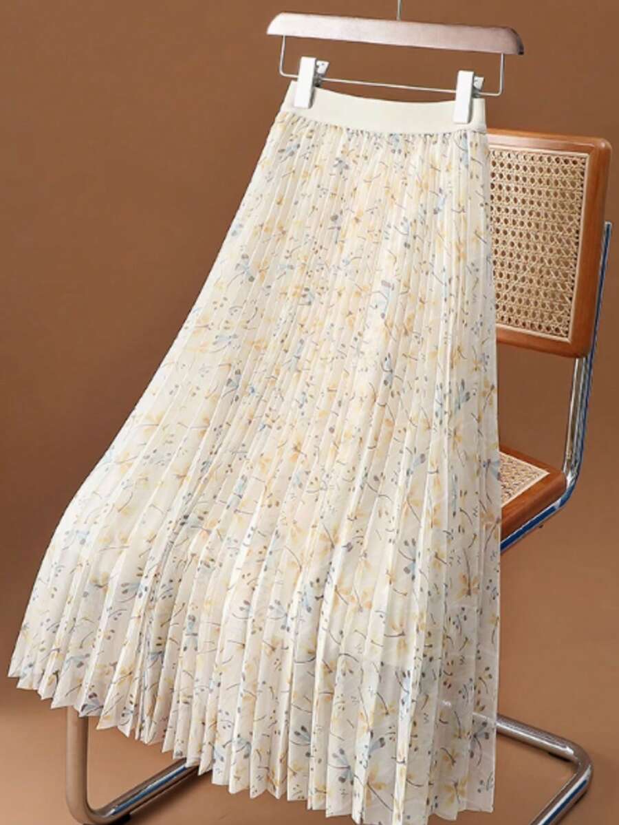 女士夏季花卉网纱褶皱优雅浪漫A字裙，百搭春夏度假及日常穿着单品，情人节及所有季节的舒适之选 - 杏色 - 查看 1