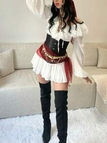 White Flowy Pirate Dress Halloween Fairy Costume Women Girls Y2k Long Sleeve Ruffle Off Shoulder Corset Mini Romper Dress Babydoll Casual Shorts Jumpsuit Cute Preppy Country Concert Cowgirl Outfits Halloween Cosplay Party Dresses - 白色 - 查看 3