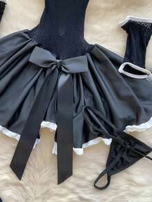 8件套：1个发箍+1个项圈+1条连衣裙+2条吊袜带+2双袜子+1条丁字裤，性感甜美鲶鱼网眼万圣节/圣诞节服装套装，春季黑色 - 黑色 - 查看 1