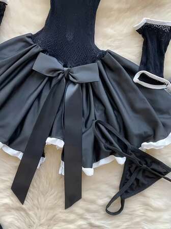 7pcs Set: 1 Headband + 1 Choker + 1 Dress + 2 Garter Belts + 2 Socks, Sexy Sweet Catfish Net Mesh Halloween Costume, Christmas Outfit, Cosplay Set