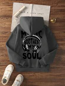 女式休闲图案印花宽松保暖内衬连帽运动衫，长袖，冬季 - 深灰色 - 查看 3