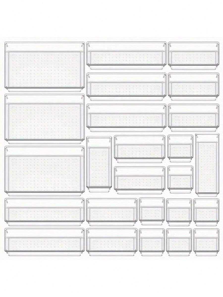 9/25pcs Clear Plastic Drawer Organizer Set, 4 Sizes Multifunctional Bathroom And Vanity Drawer Organizer Trays, Makeup, Kitchen And Office Storage Box  Decorations   Autumn Decor Festival Decor Room Decor Home Decor Fall Decor Bedroom Decor - trắng - Xem 1