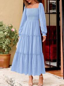 PRETTYGARDEN Women Elegant  Maxi Dresses For Fall Boho Long Sleeve Smocked A Line Ruffle  Wedding Guest Holiday Party Long Dress With Pockets New Years Valentine Vacation Spring Dresses For Women Vestidos Elegantes De Mujer - 淺藍色 - 查看 6
