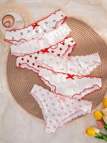 6条装女士纯色、心形、樱桃色、蝴蝶结装饰舒适棉质内裤 - 白色 - 查看 4