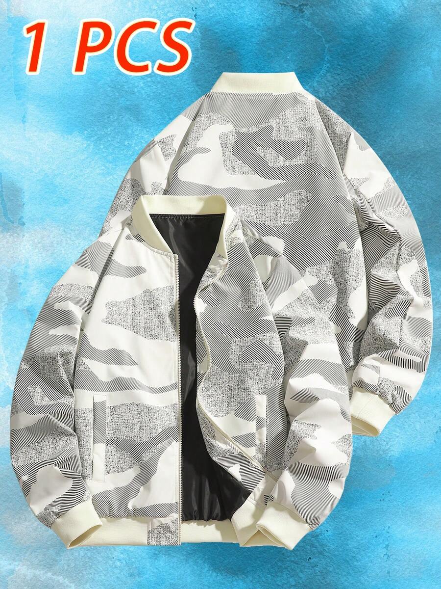 男士复古圆领棒球夹克，宽松休闲迷彩飞行员夹克，适合春秋季节。打造独特的街头风格，适合休闲出游，时尚搭配彰显个性。 - 米色 - 查看 1