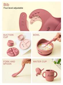 8PCS Personalized Customization Name Baby Silicone Custom Tableware Set Sucker Bowl Dishes Plate Bib Soft Spoon Fork Portable Baby Cup,Customized Kids Tableware,Easy Comfort,Kids,Gala Night,Modern,Colorful,Cute - Multicolor - View 8