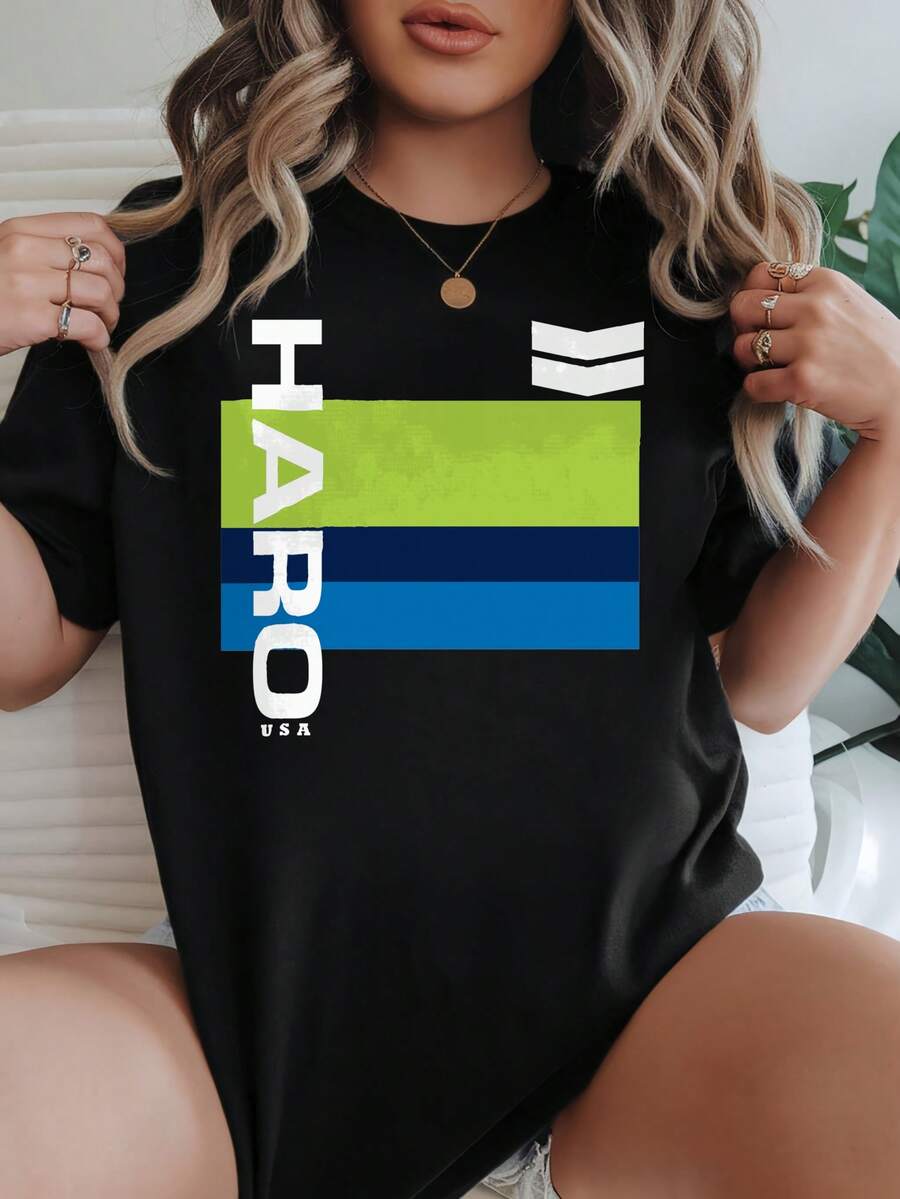 Women's-Shirt Casual Loose Fit Black White Options Haro Graphic Print Summer Daily Wear Shirts Summer Tops Graphic Tees Summer Outfits Women Graphic Tees Women Crop Tops Tops Women Vintage Cotton Cute Clothes Women - 黑色 - 查看 1