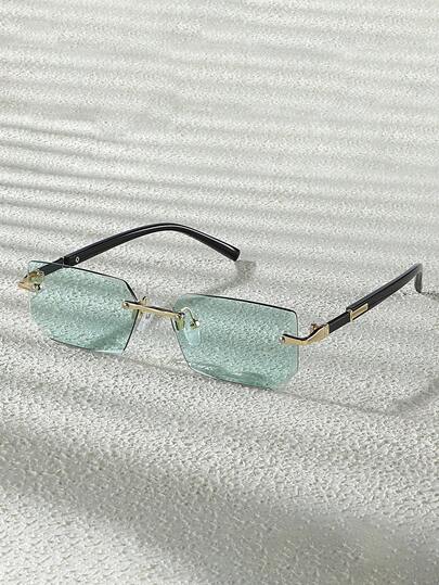 1 par de gafas de moda con montura cuadrada y sin marco, diseño minimalista casual, para exteriores, playa, vacaciones de verano, estilo Y2K, clásicas de diseñador para conducir, acampar, senderismo, adecuadas para todas las estaciones, de vuelta al colegio, con un look colegial a la moda