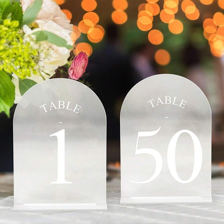 Arch Wedding Table Numbers-20 With Stands – X Acrylic Mirrored Gold Table Number Holders, Wedding Receptions, Parties, Anniversaries, And Events - 磨砂白字體 - 查看 1