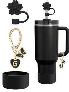 3件/2件套配件,专为30-40盎司杯子设计,包含字母标记和可重复使用的硅胶芙蓉花吸管帽,10毫米宽吸管帽,可爱的字母装饰,适合现代简约玻璃杯。 - 3pcs黑色 - 查看 21