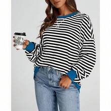 Womens Oversized Striped Sweatshirt Crewneck Long Sleeve Pullover Top Casual Y2K Spring Clothes 2026 Workout Shirt,Vacation Outfits Women,Valentine Outfits For Women,Street Photography - 黑色 白色 - 查看 7