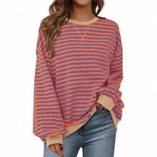 Womens Oversized Striped Sweatshirt Crewneck Long Sleeve Pullover Top Casual Y2K Spring Clothes 2026 Workout Shirt,Vacation Outfits Women,Valentine Outfits For Women,Street Photography - Blue Orange - 查看 2